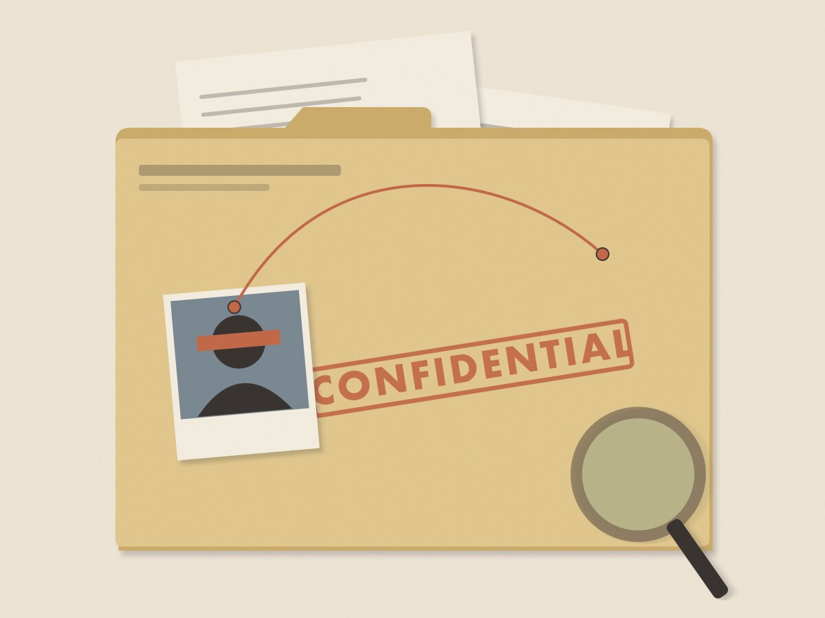 A manila case folder stamped CONFIDENTIAL, with papers, a red string and a magnifying glass